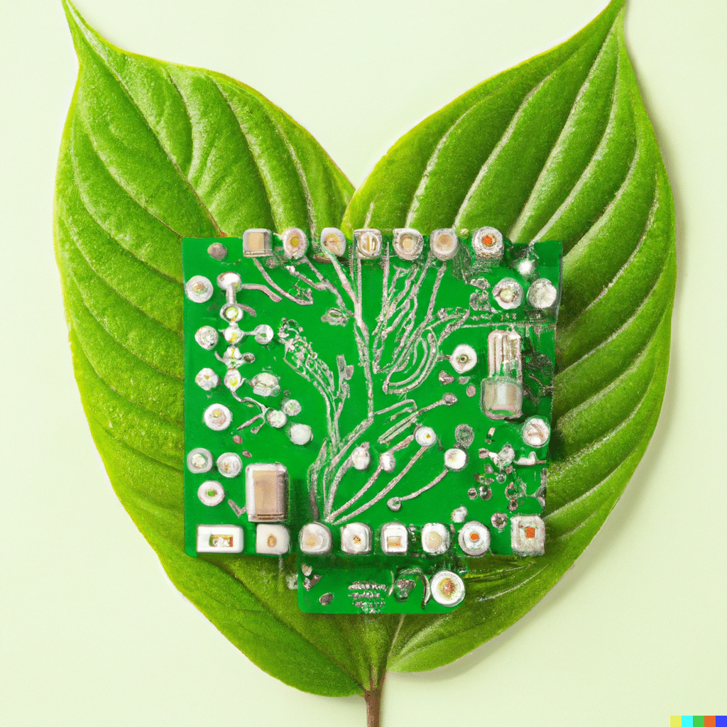 Groene printplaat op twee bladeren, symbool voor duurzame technologie
