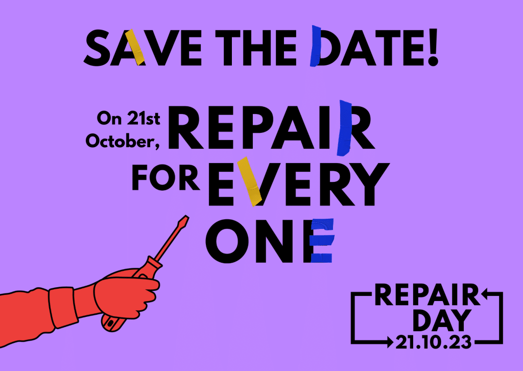 Save the date poster met tekst 'Repair for Everyone' en datum 21 oktober 2023 op paarse achtergrond